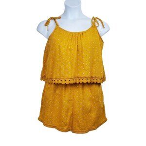 Aerie Womens Sleeveless Mustard Yellow Shoulder Tie Printed Romper Size L